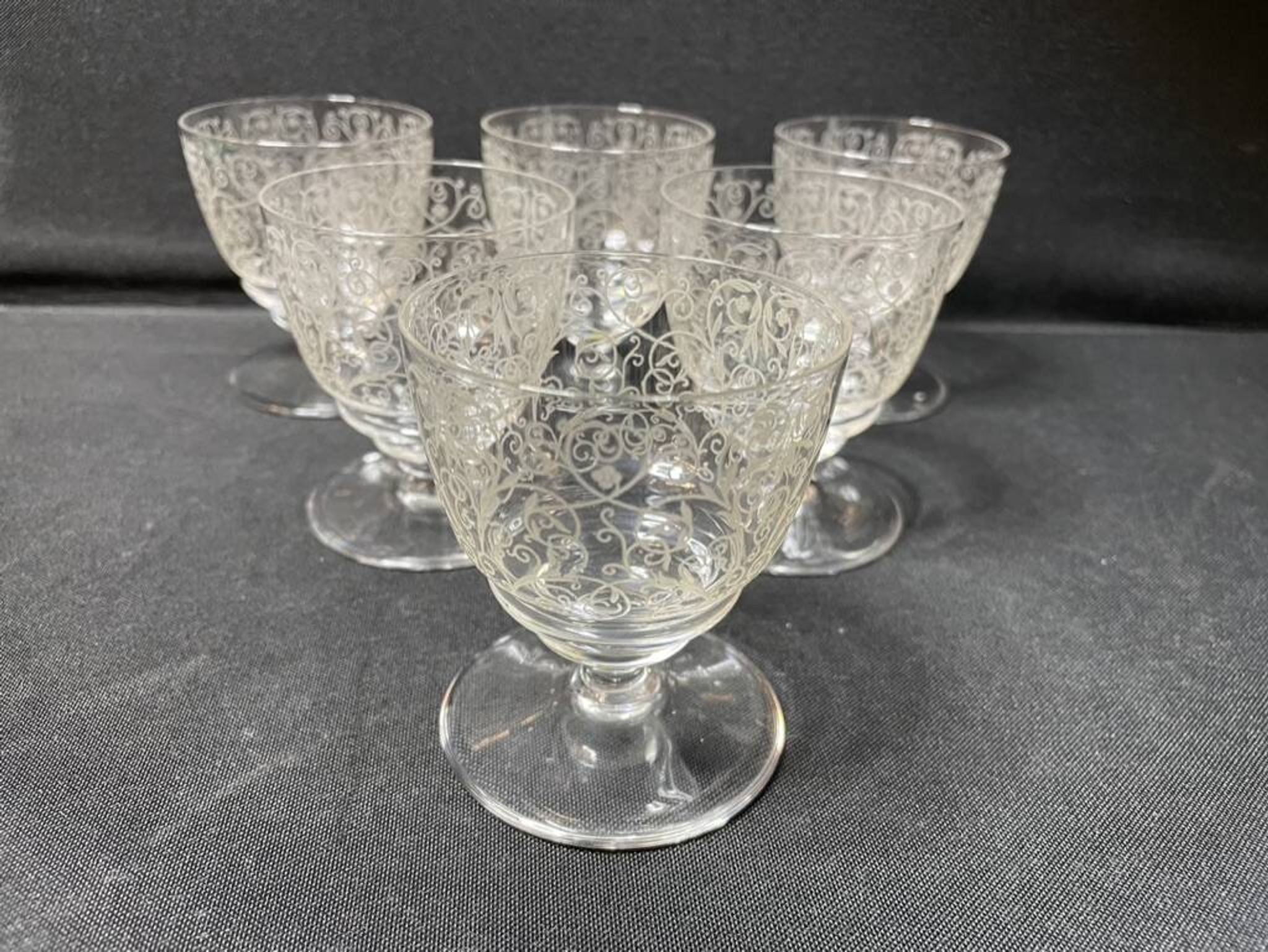 6 stamped Baccarat Lulli wine glasses
