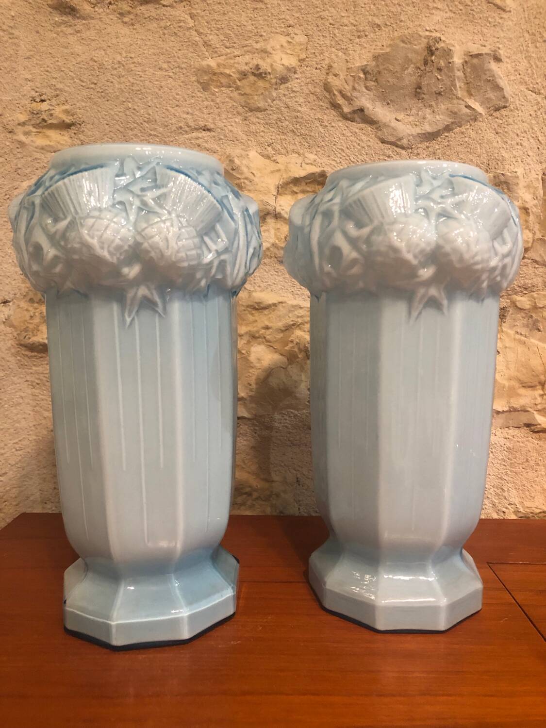 2 Antique blue opaline Art Nouveau vases with thistle motifs