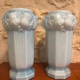 2 Vases opaline bleus anciens Art nouveau motifs chardons