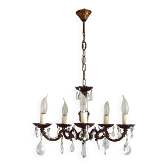 Lustre à 5 lumières avec détail d'acanthe orné de cristaux, français