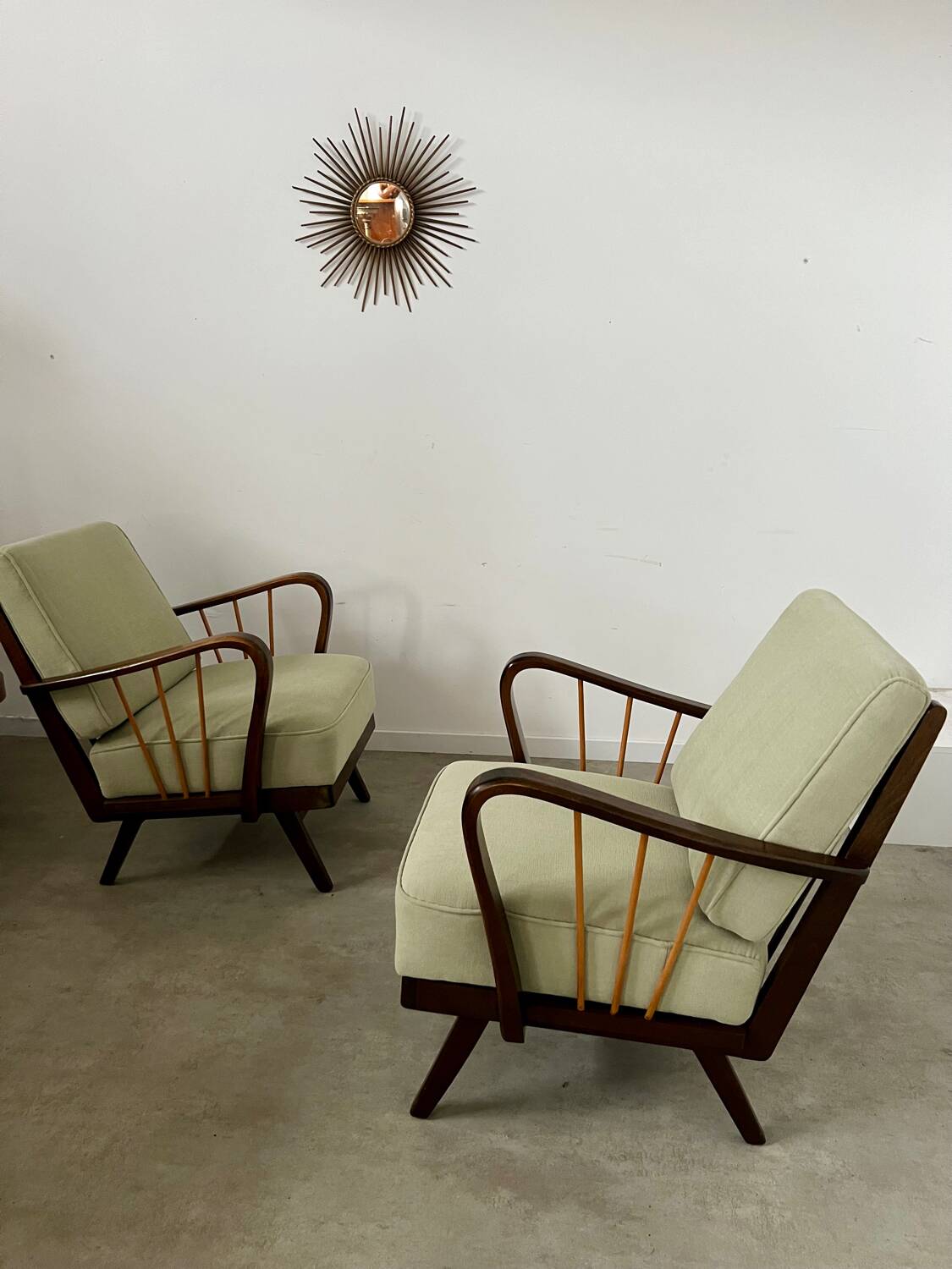 Set 2 old designer fireside chairs from the 50s wood and vintage fabric