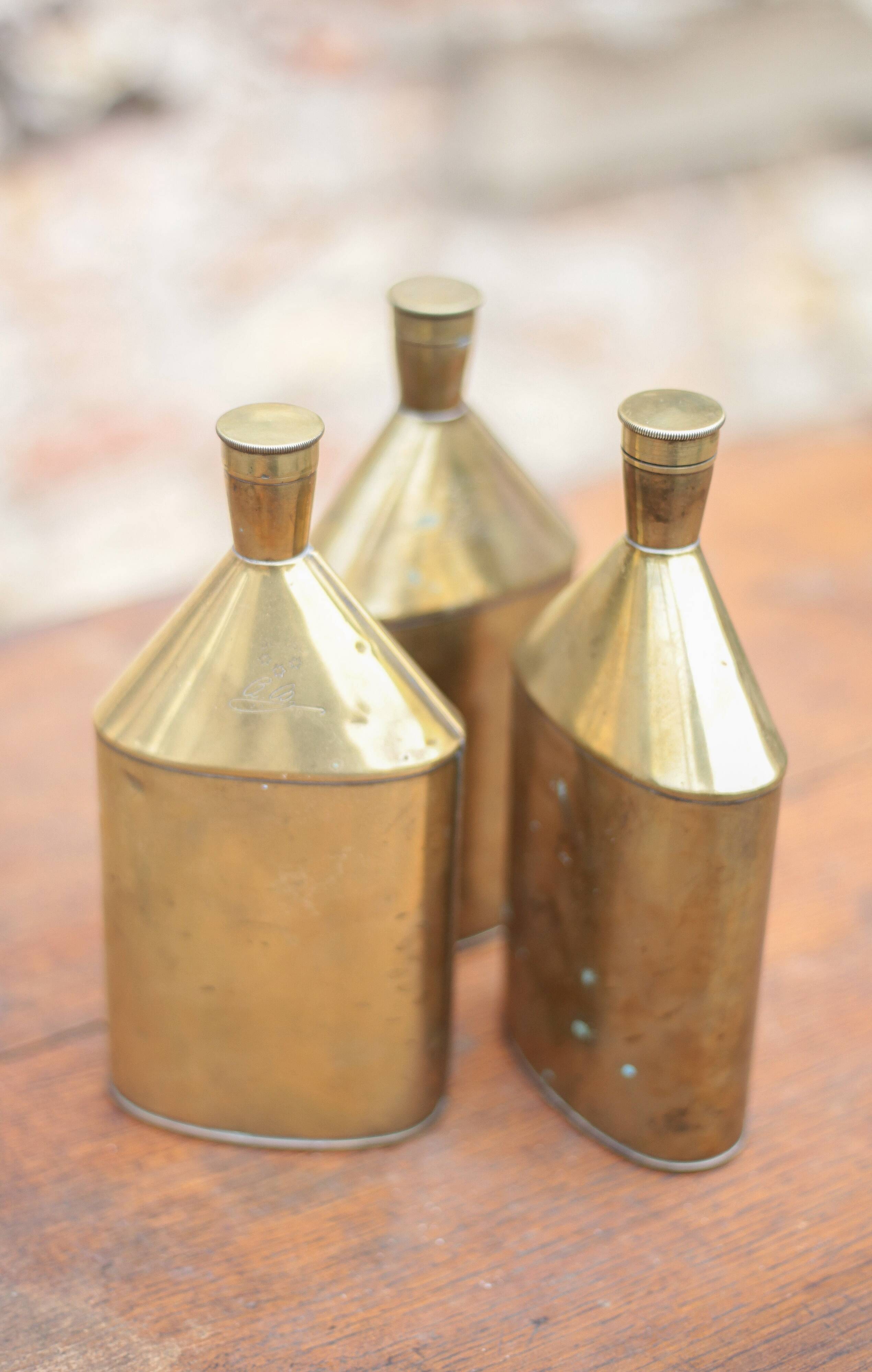 Lot de 3 bouteilles laiton vintage, gourde laiton, récipient laiton