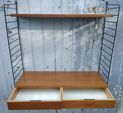 Vintage modular shelf and drawers in teak veneer and black metal, Nisse Strinning, 60s
