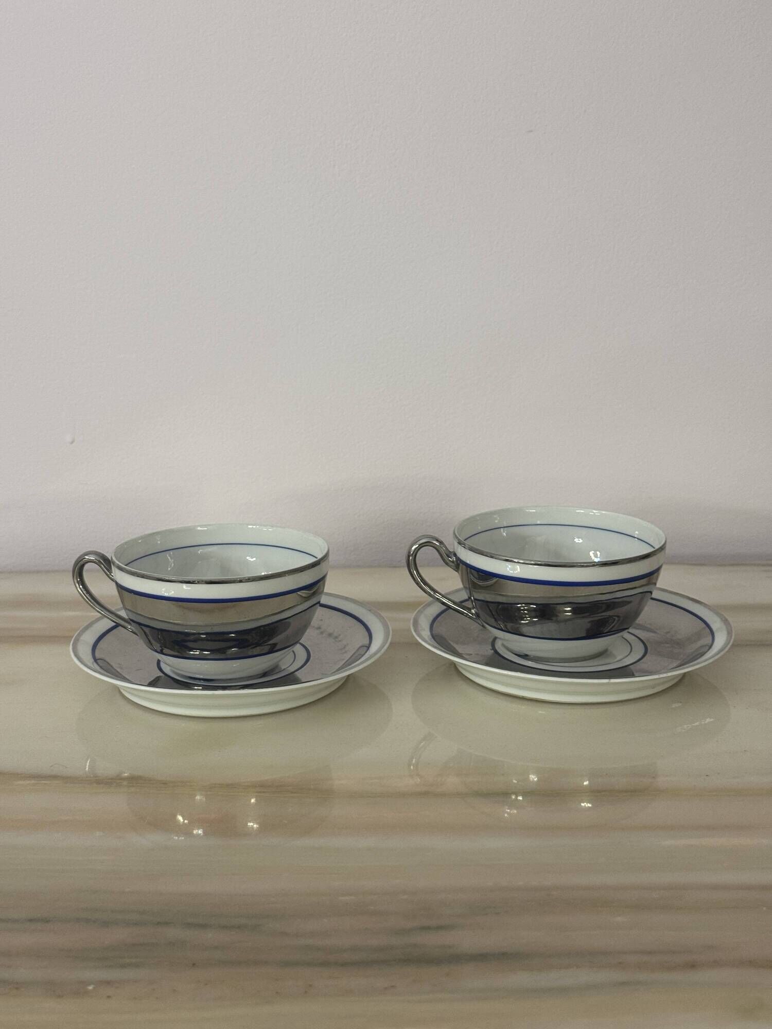 Set of 2 Limoges Chapus et Fils Porcelain Tea Cups and Saucers