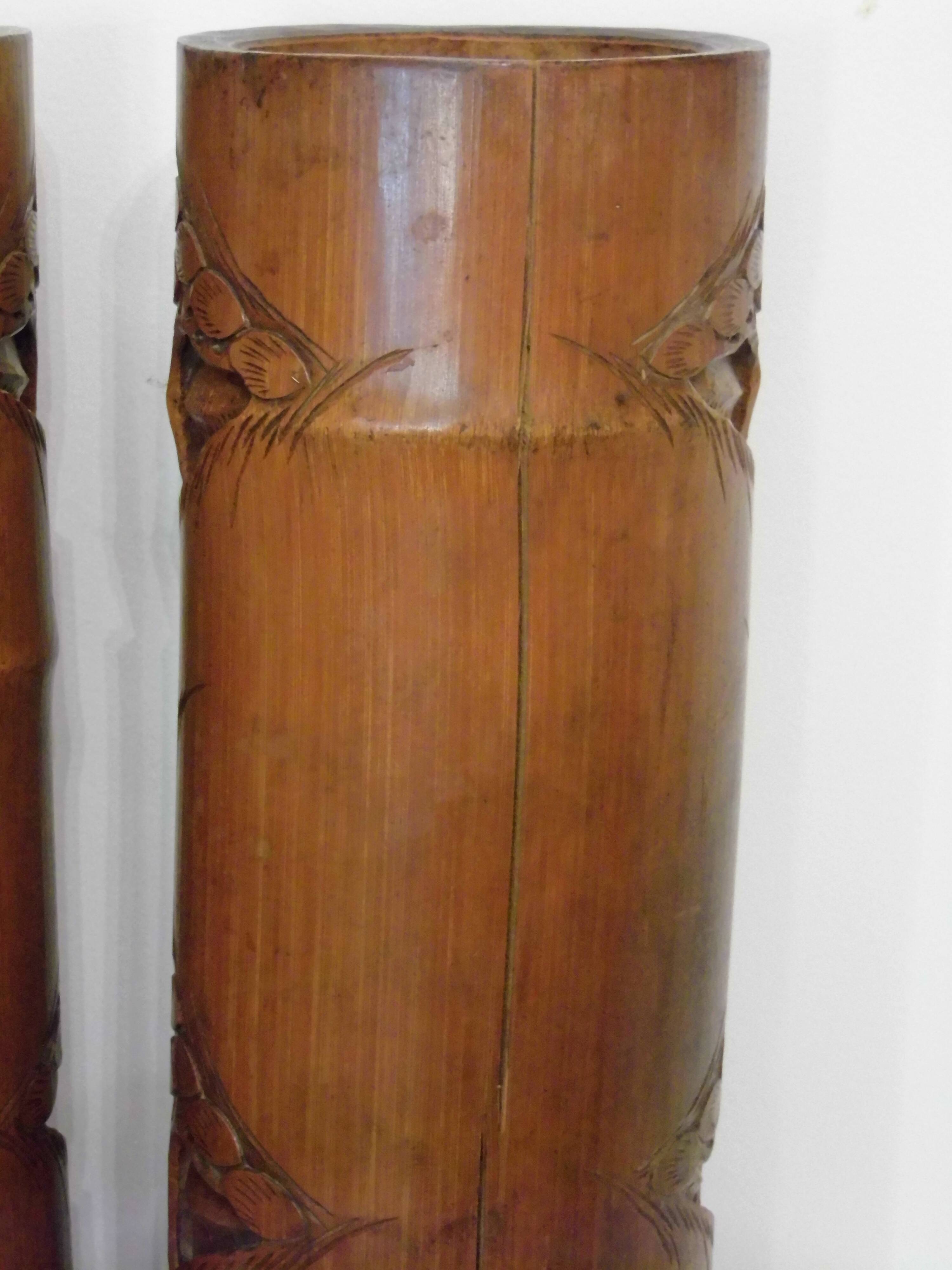 Two carved bamboo pots, pair of brush pots China late 19th early 20th century