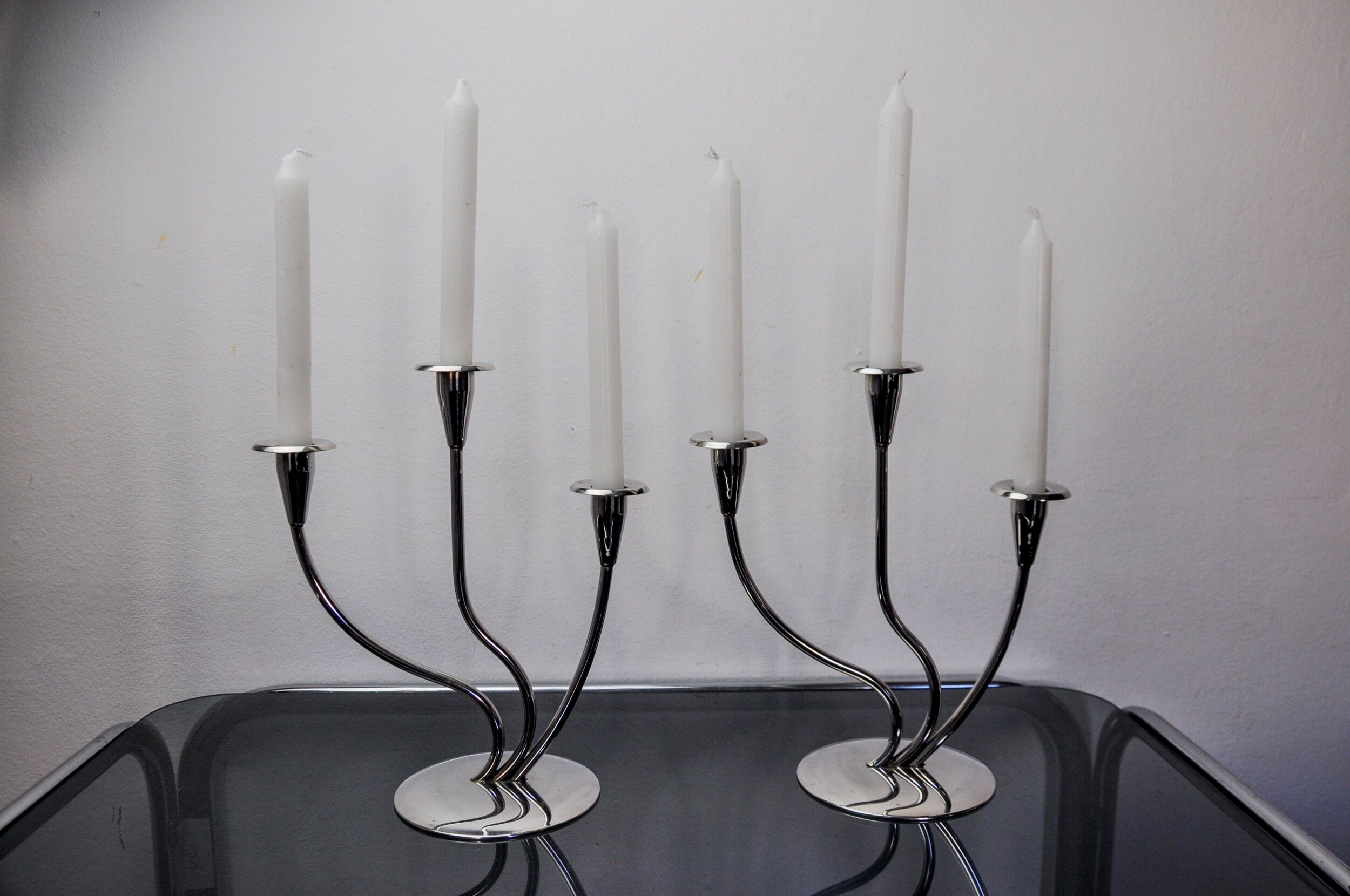 Pair of art deco candlesticks in stainless steel 3 flames, Spain, 1970