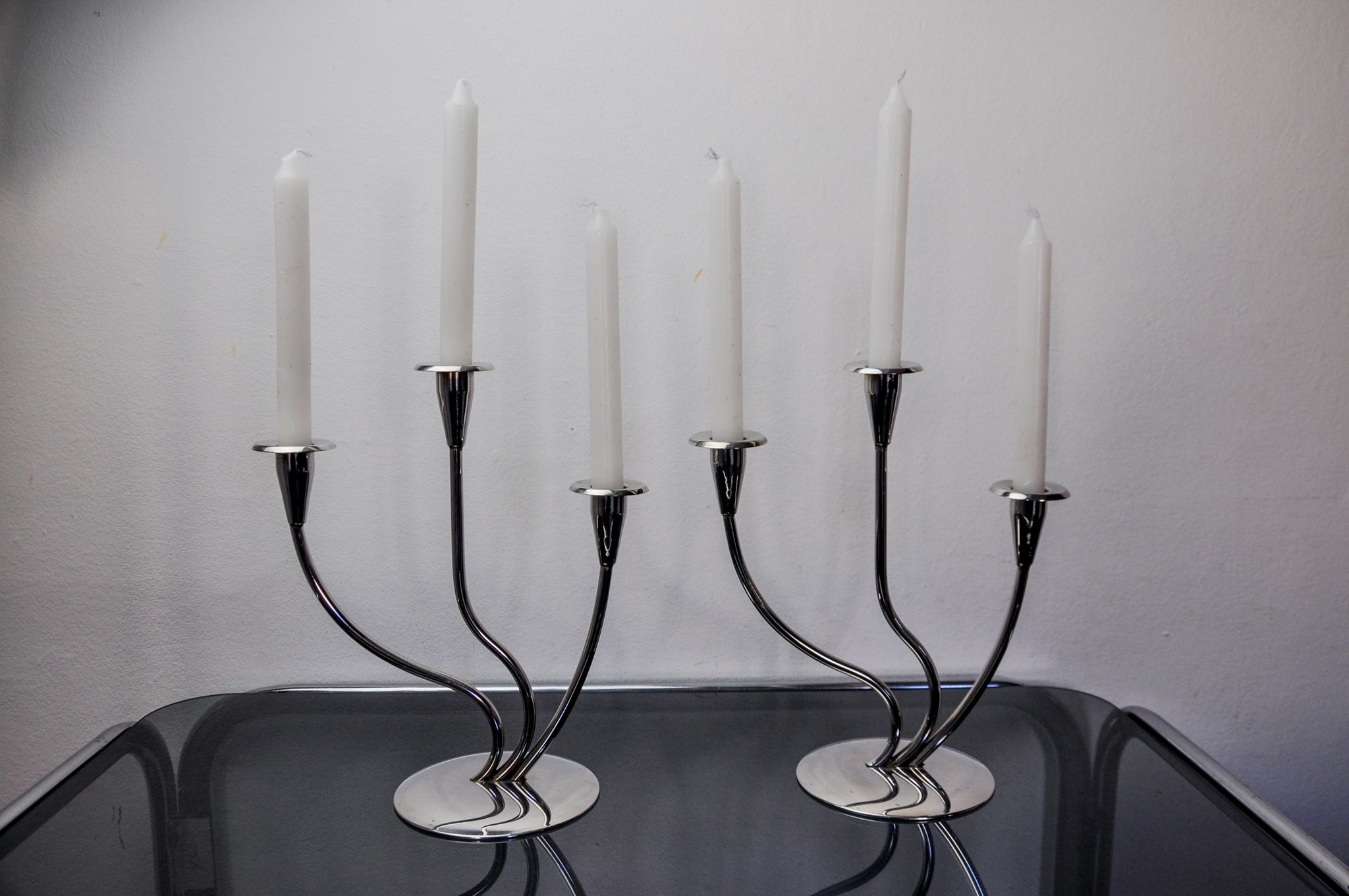 Pair of art deco candlesticks in stainless steel 3 flames, Spain, 1970