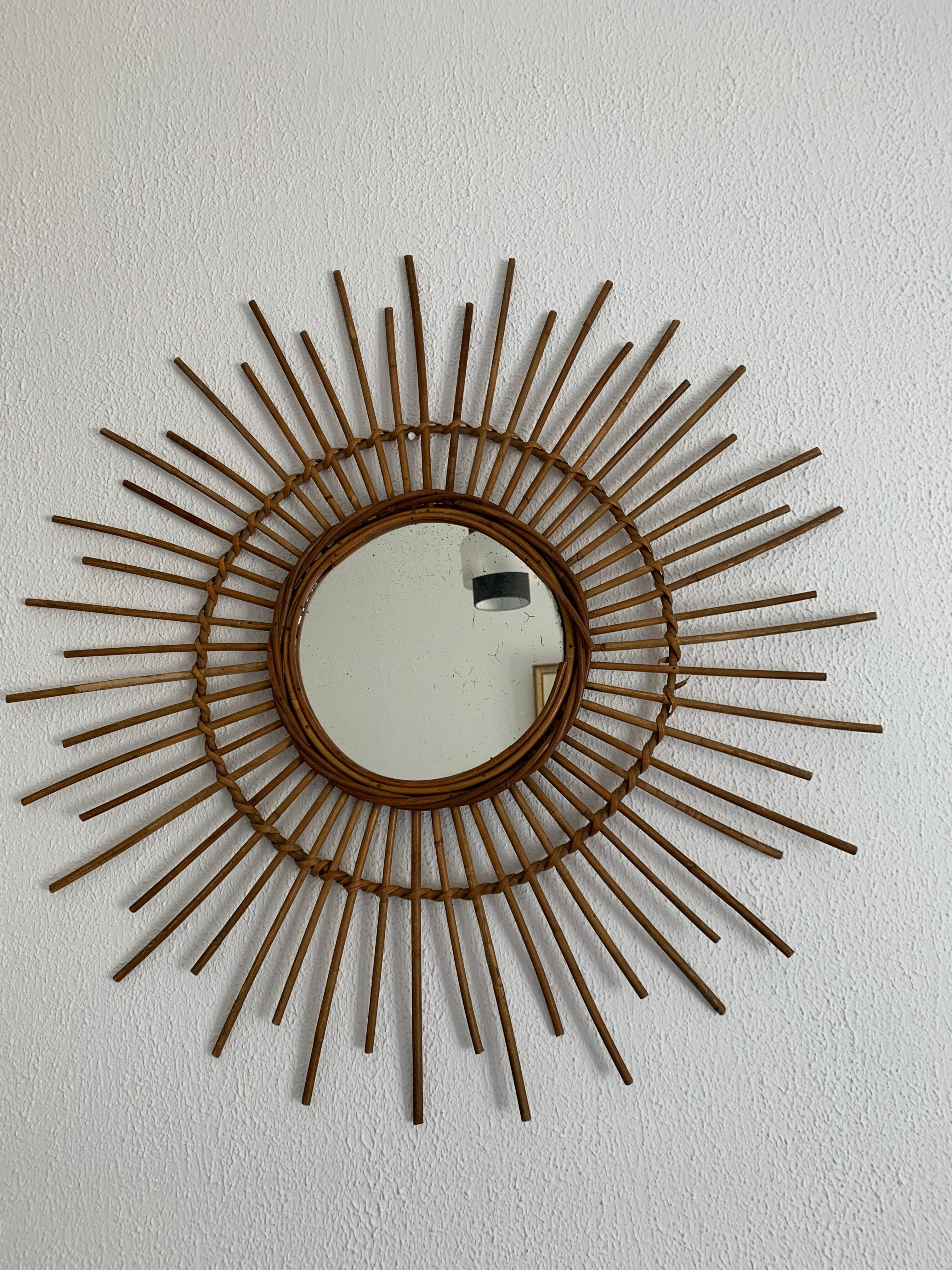 Vntage mirror 1960 rattan sun - 78 cm