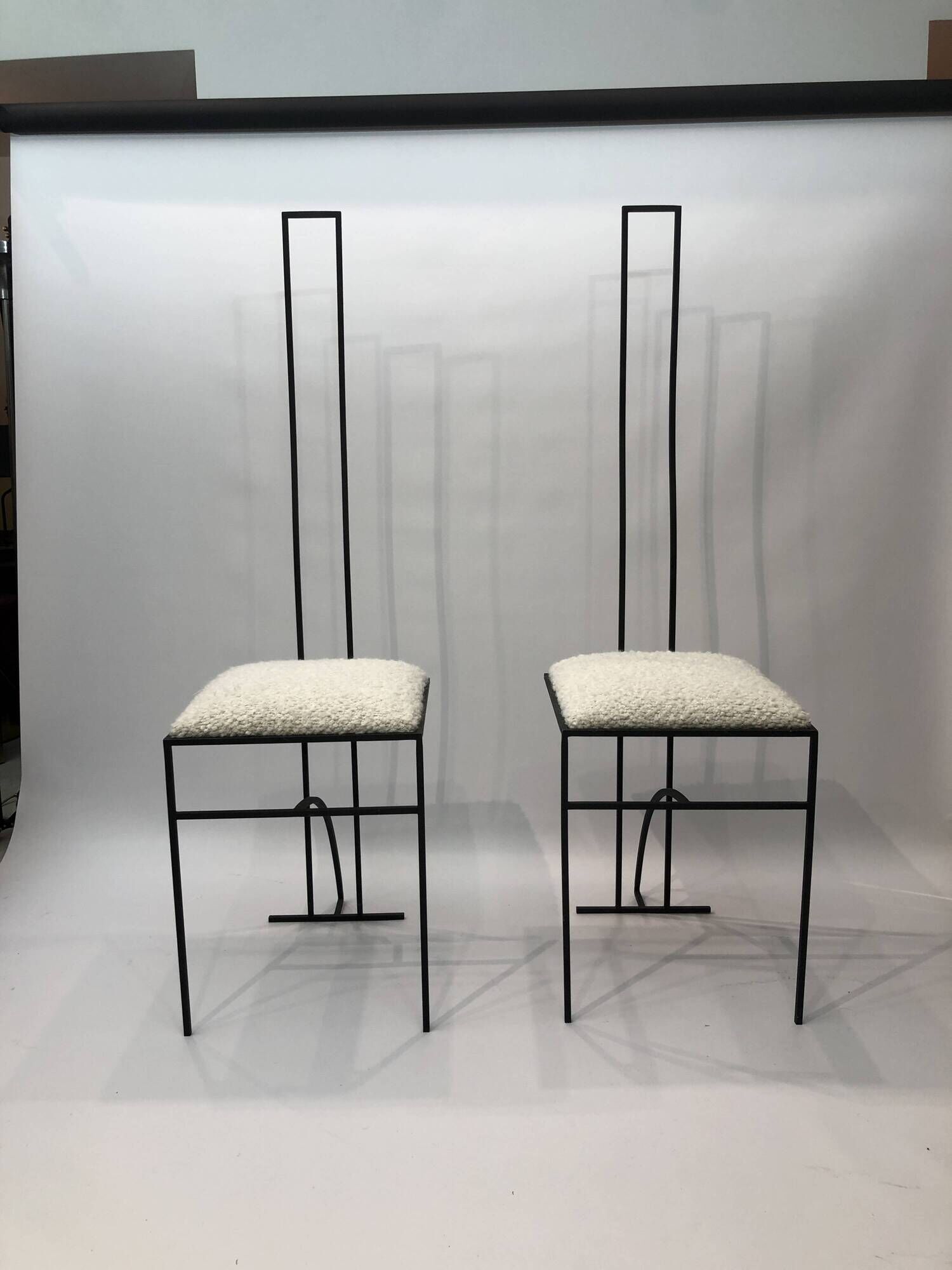 Pair of Postmodern High Back Black Metal Side Chairs in Boucle 1980s Vintage 70s