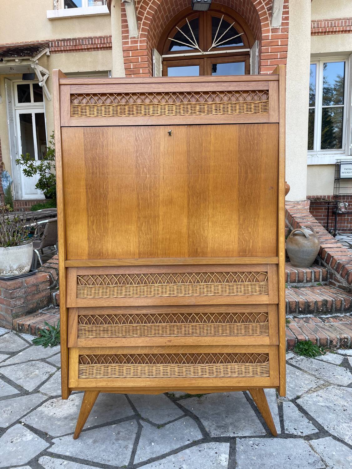 Secrétaire bois et rotin vintage