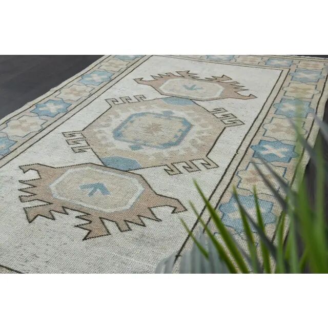 1970s Vintage Turkish Oushak Handmade  Beige Area Rug 113x192