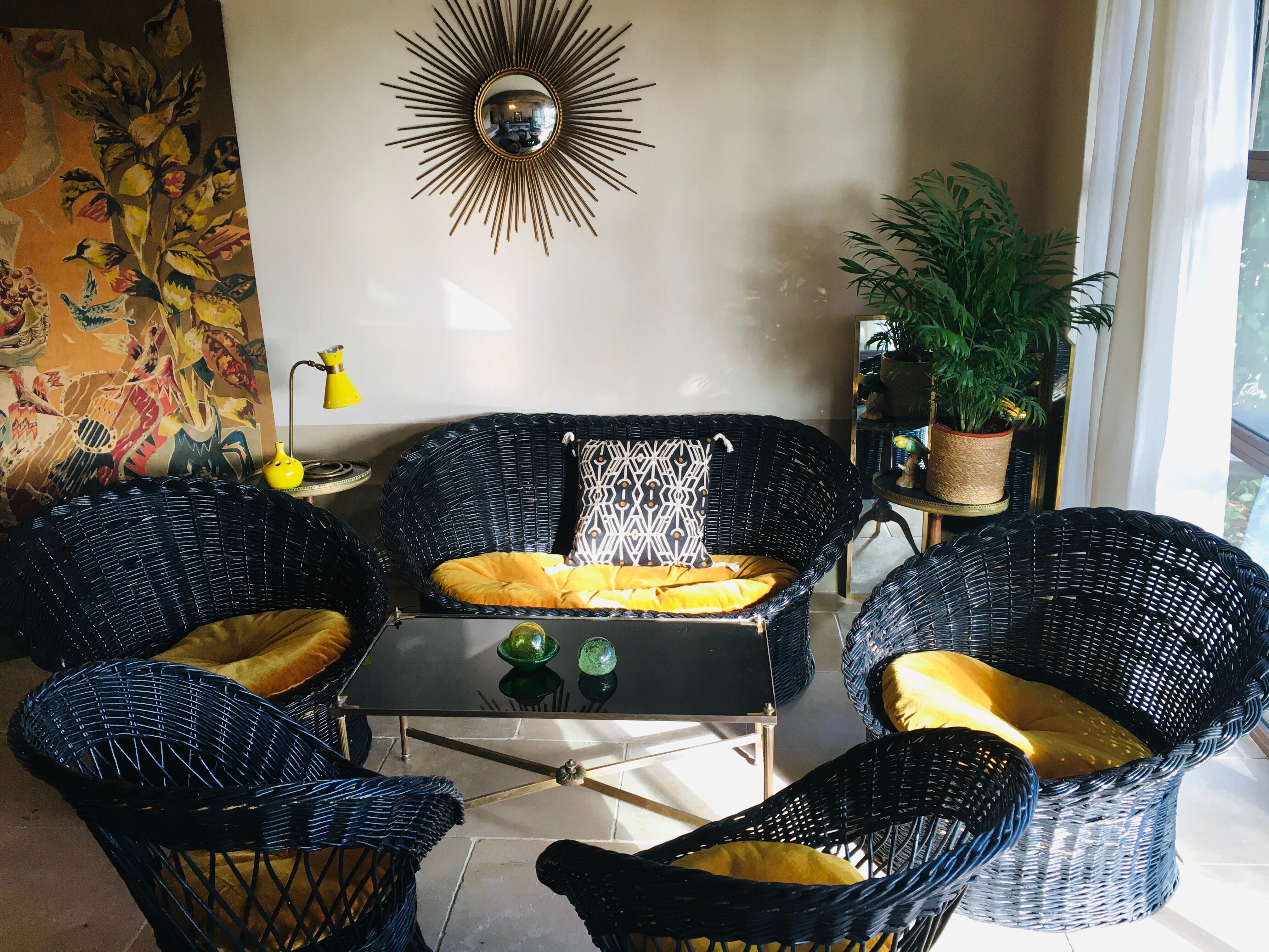 Black diabolo rattan set of the 60s