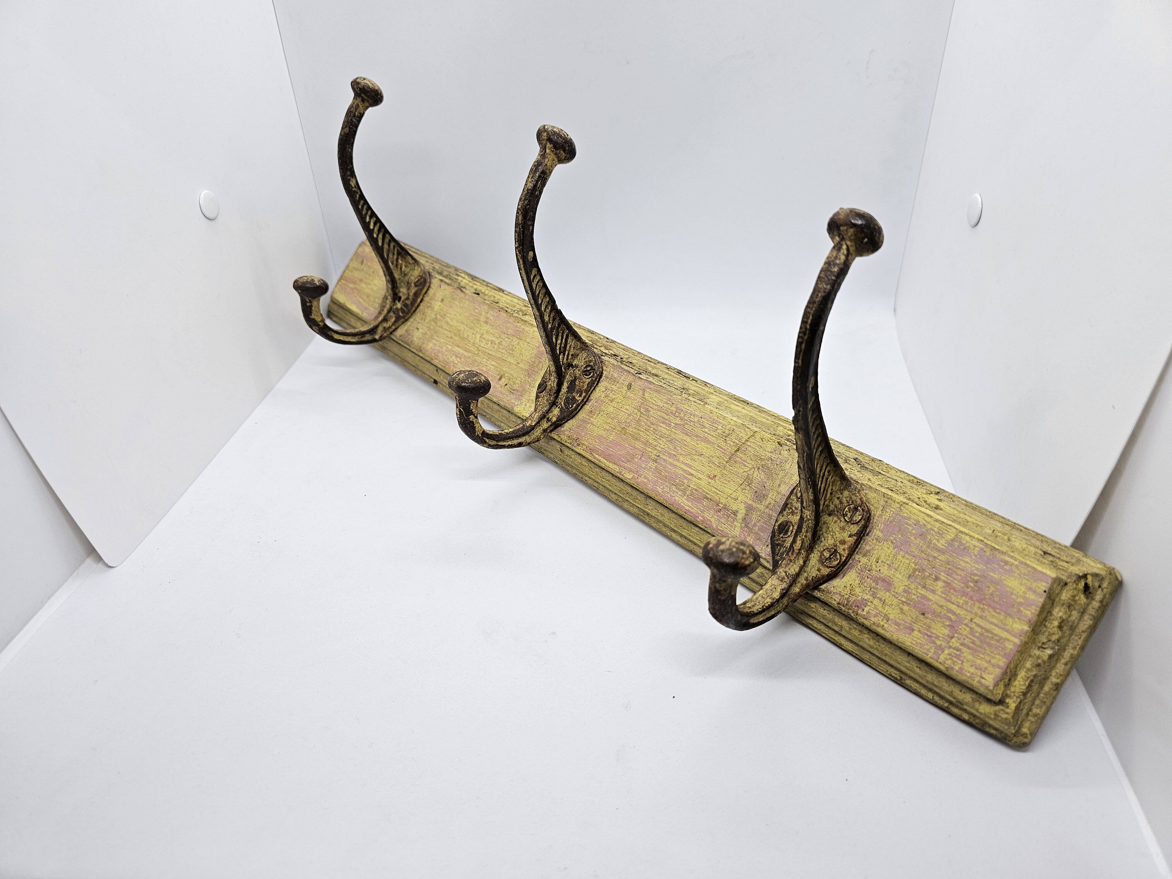 Solid teak coat hook with 3 double cast iron hooks