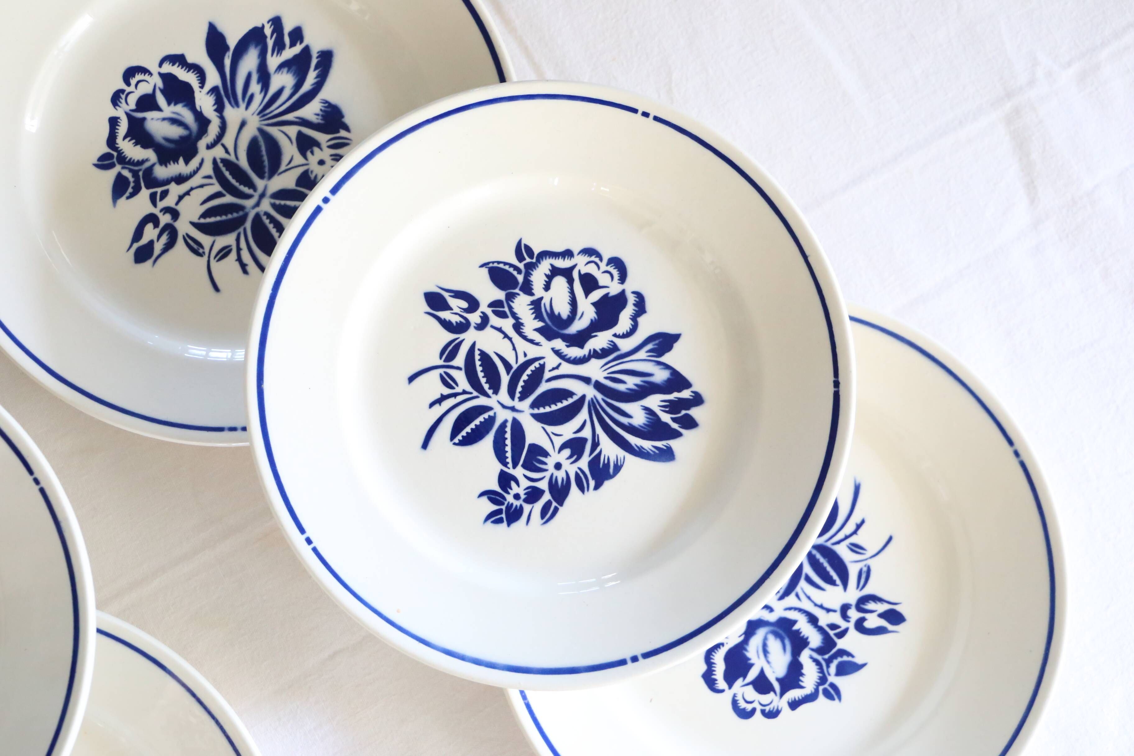 Set of 6 Badonviller flat plates, vintage French, authentic, rare, countryside