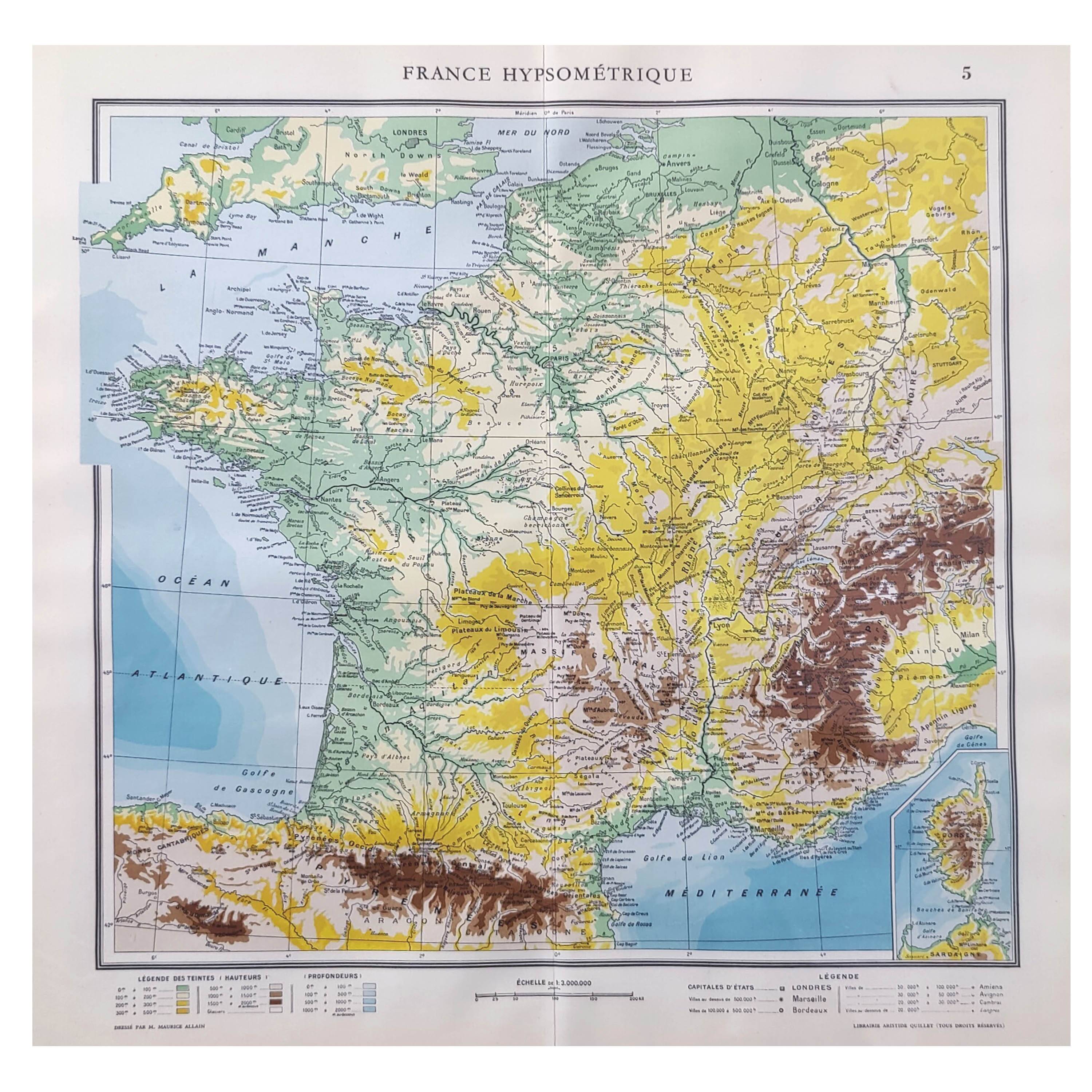 Old map of France from 1950 43x43cm