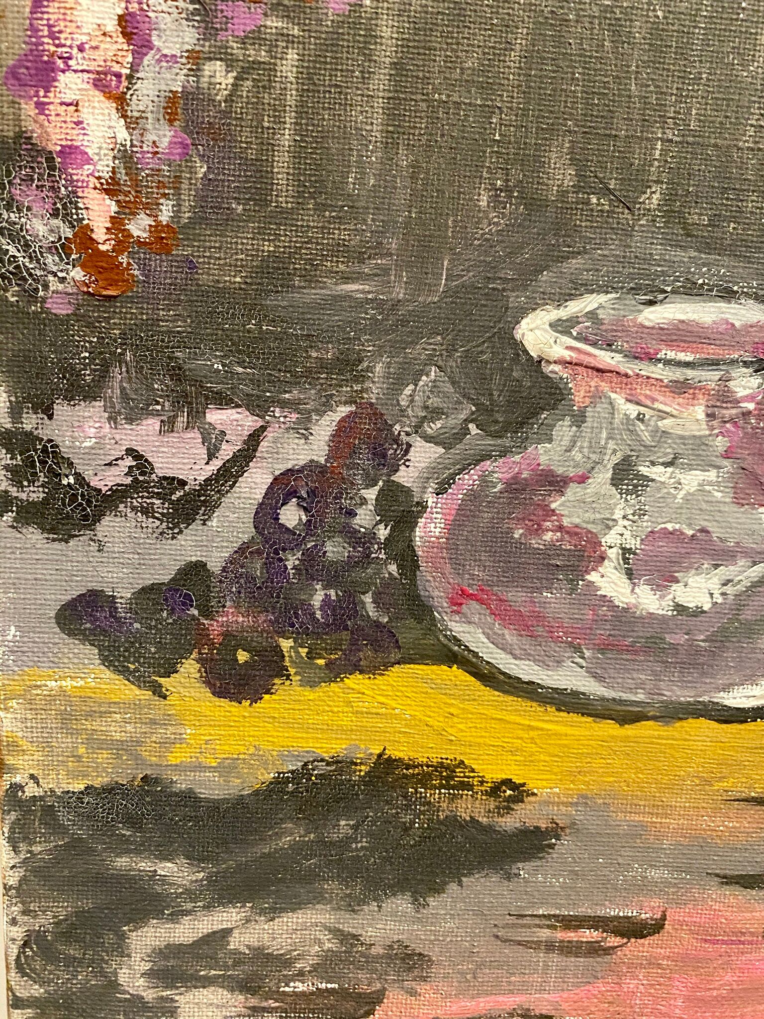 Ancient painting, still life with lilas and iris signed Bonnefond 70s