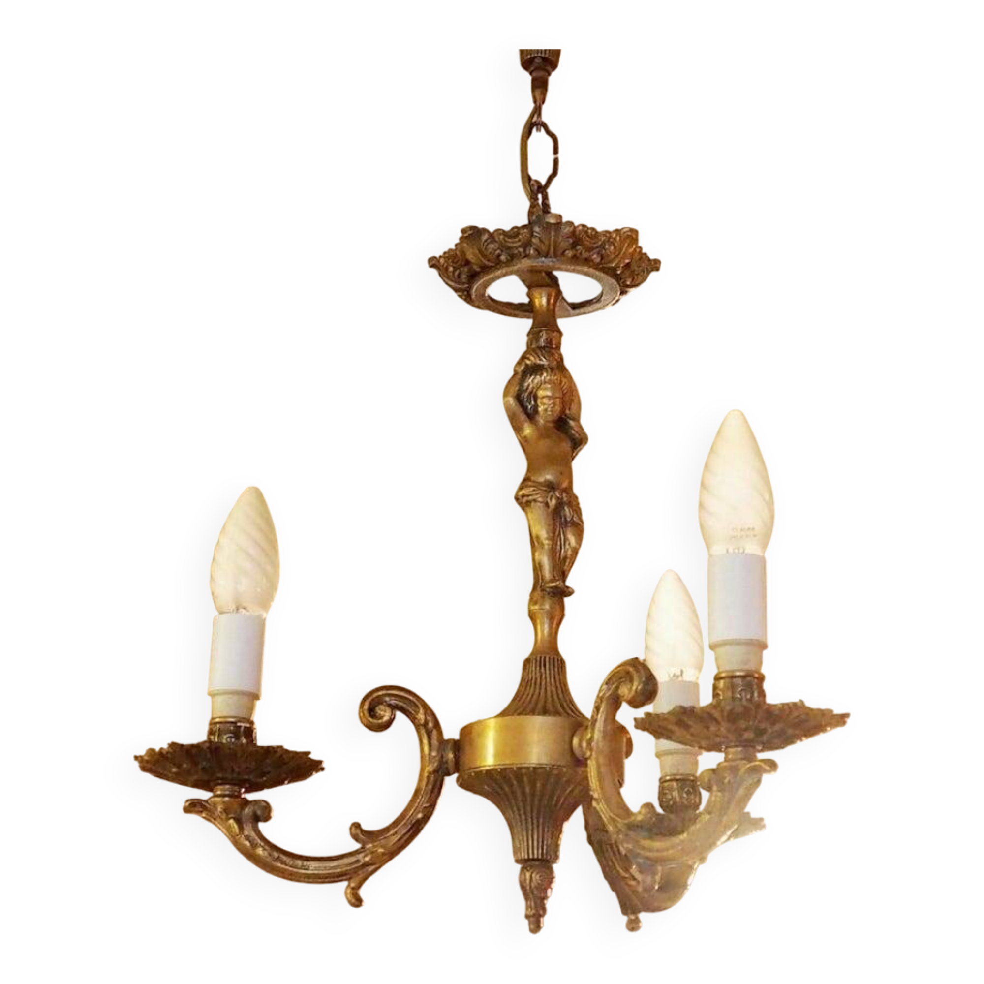 Vintage Italian bronze brass three-branch female figurine chandelier c. 1950s