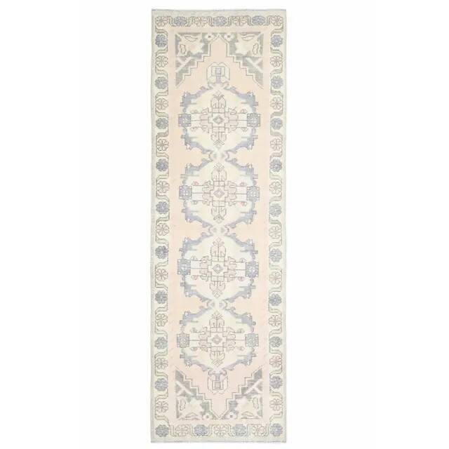 1970s vintage Turkish hand-knotted wool cotton beige runner rug 93x301