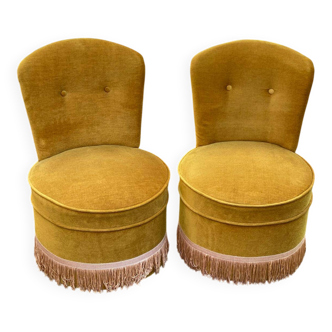 2 19th century golden mustard yellow velvet toadstool armchairs
