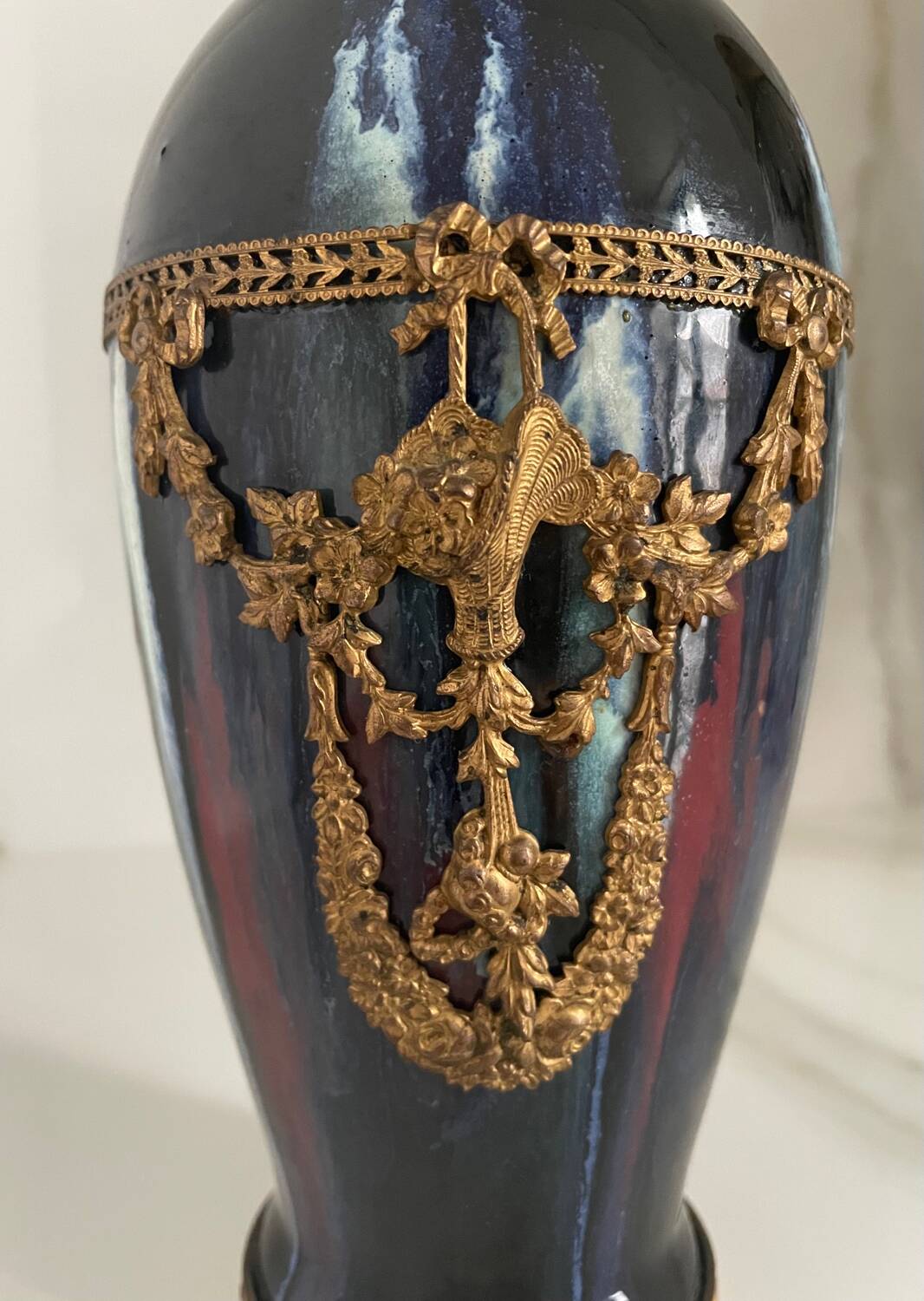 Ceramic vase with enamel drips, brass mount, around 1920, Be