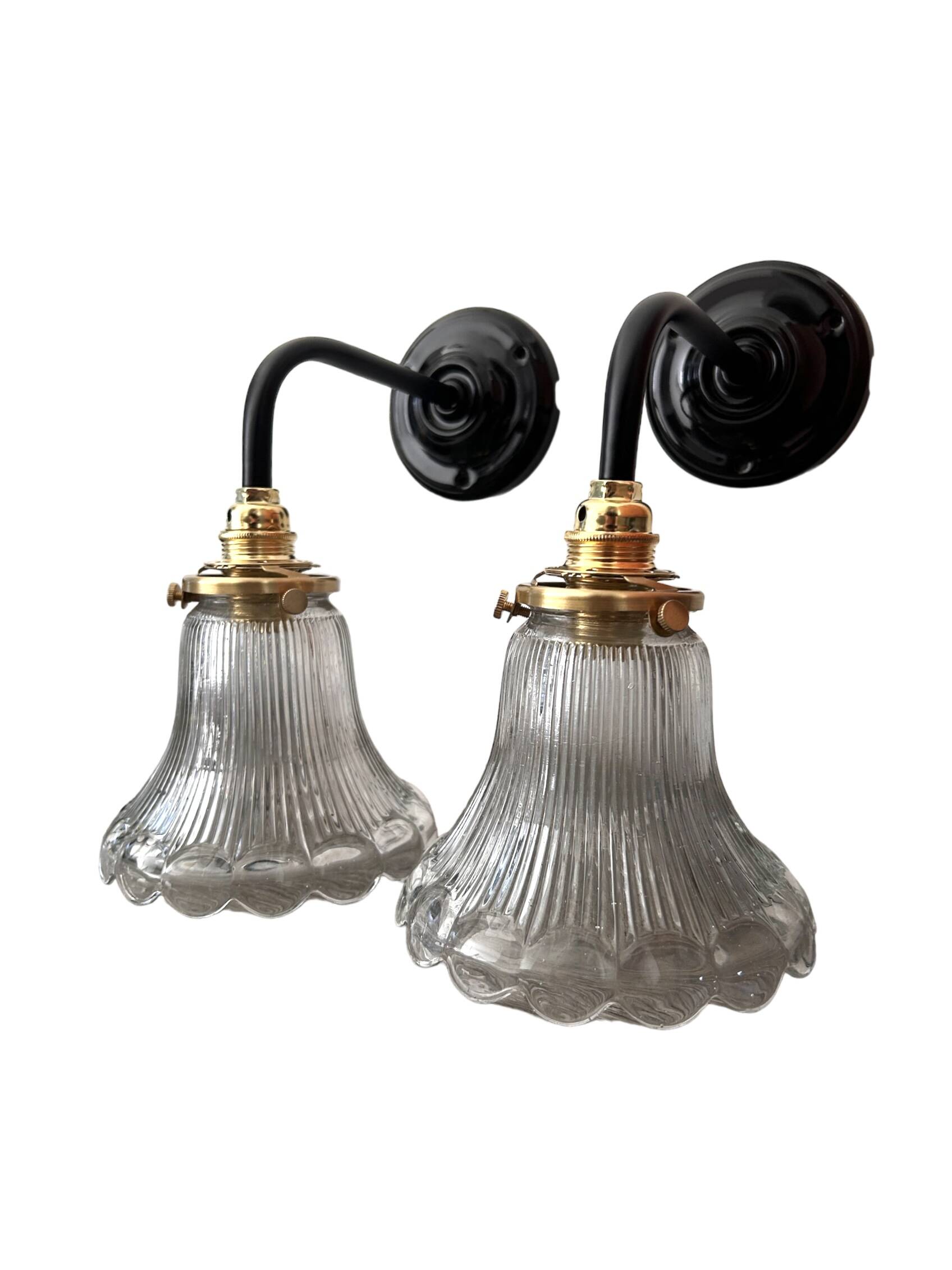 Pair of holophane glass wall lights