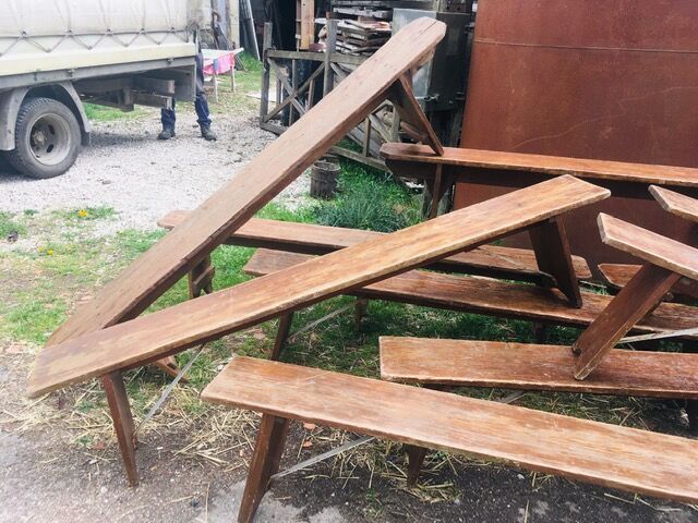 lot of 10 '30s bistro benches in pretty pattine fir