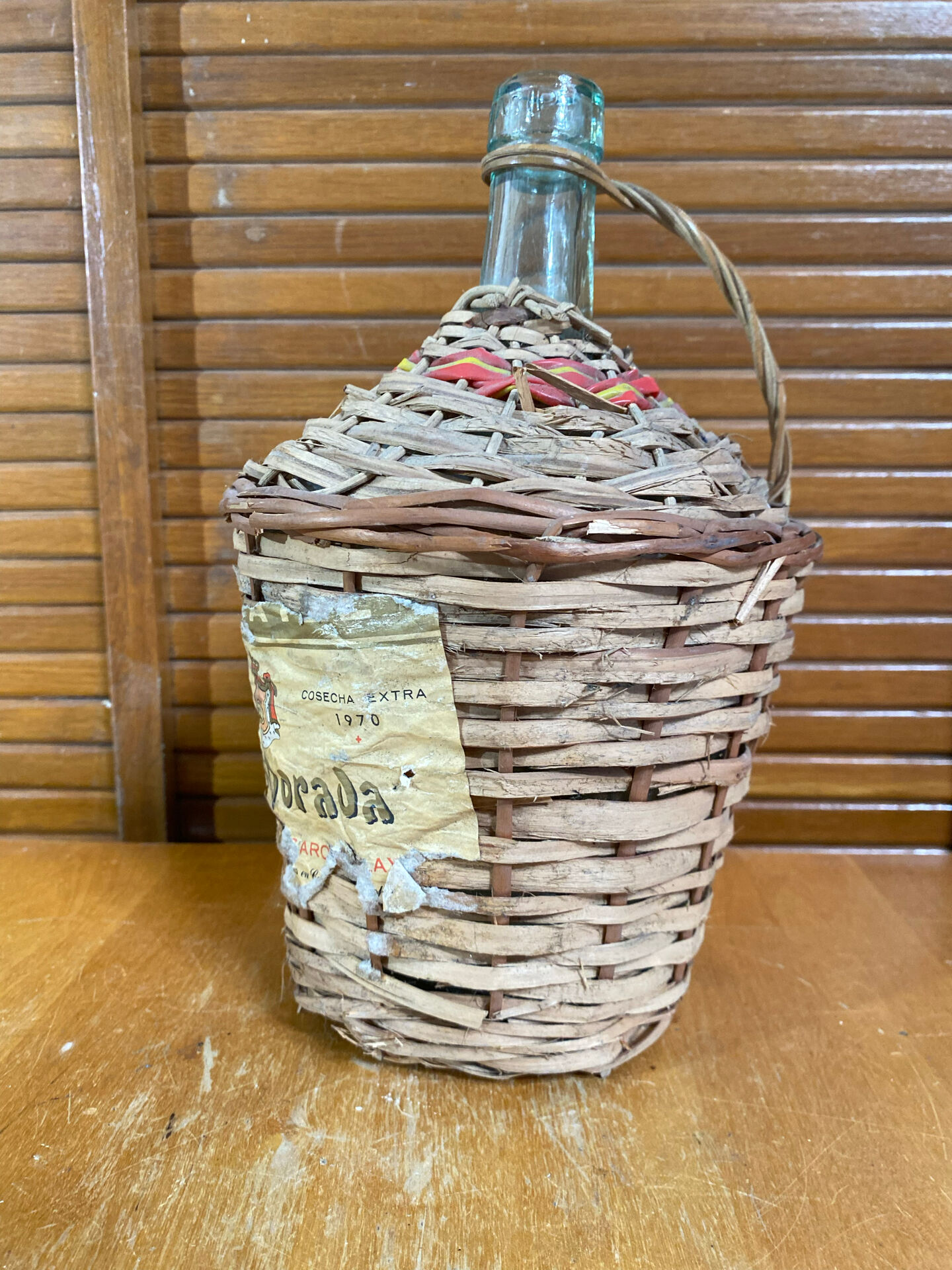 Old Dame Jeanne Bottle Glass + Woven Rattan Vintage #E527