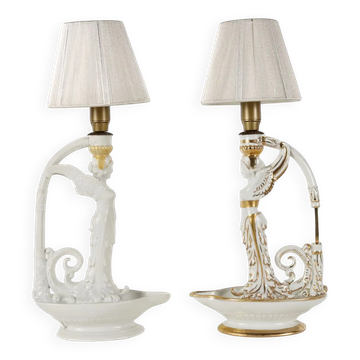 Pair of neoclassical style lamps in porcelain, Italy, 20th century