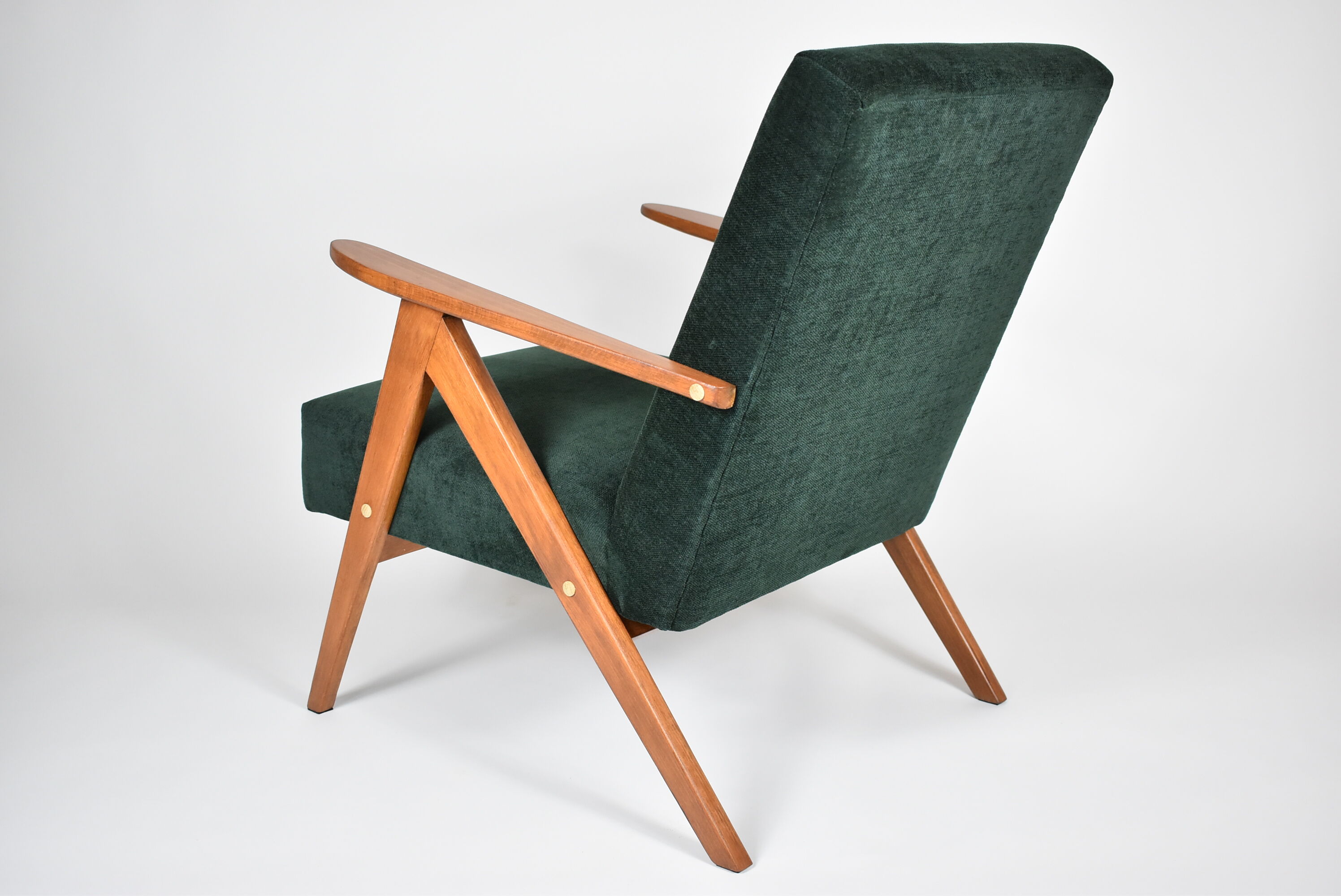 Restored compas armchair, green forest fabric, teak wood, 1960