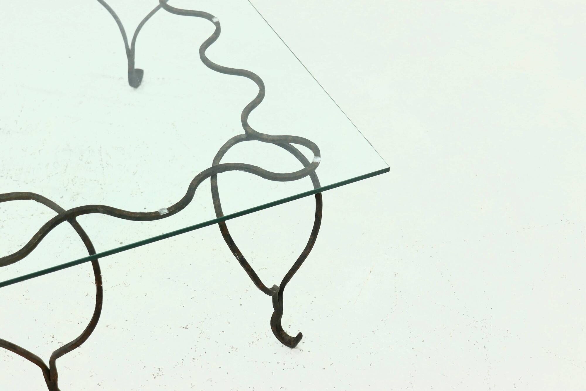 Coffee Table with Decorative Forged Steel Base and Glass Top 1960s