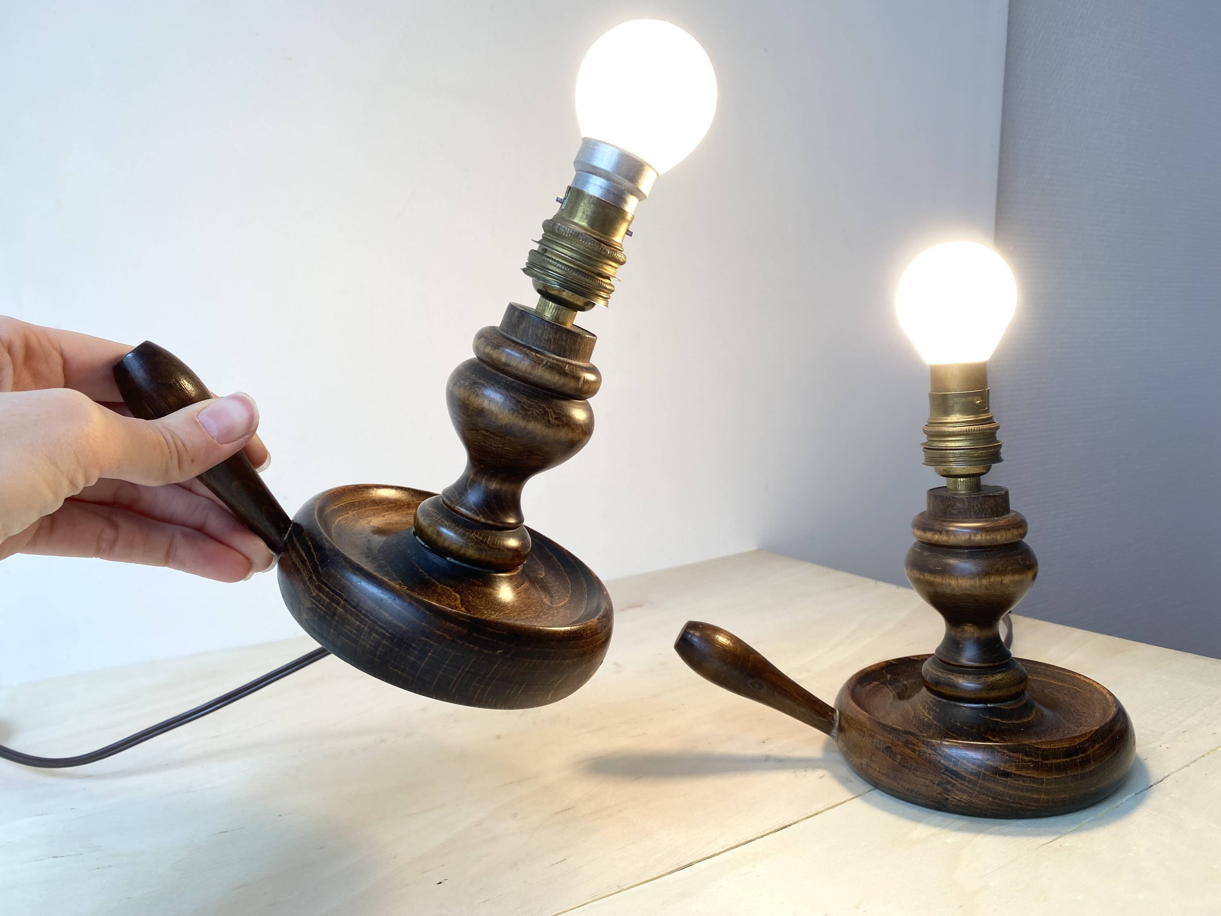 Pair of 50s turned wooden candlestick lamps, vintage lighting fixtures, rustic lamp bases
