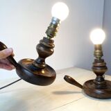 Pair of 50s turned wooden candlestick lamps, vintage lighting fixtures, rustic lamp bases
