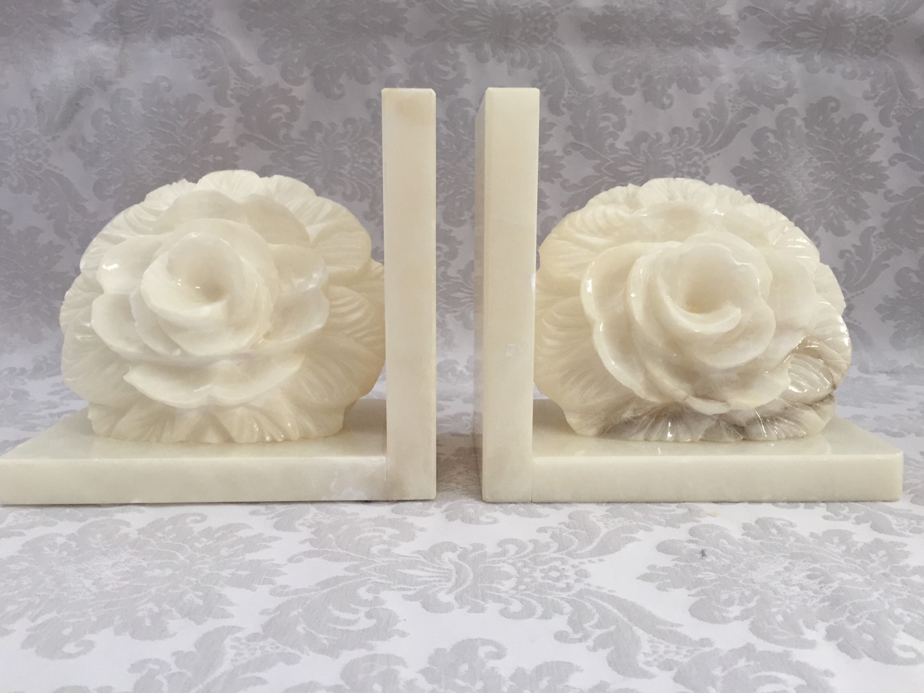 Pair of vintage alabaster bookends decor flower 1970