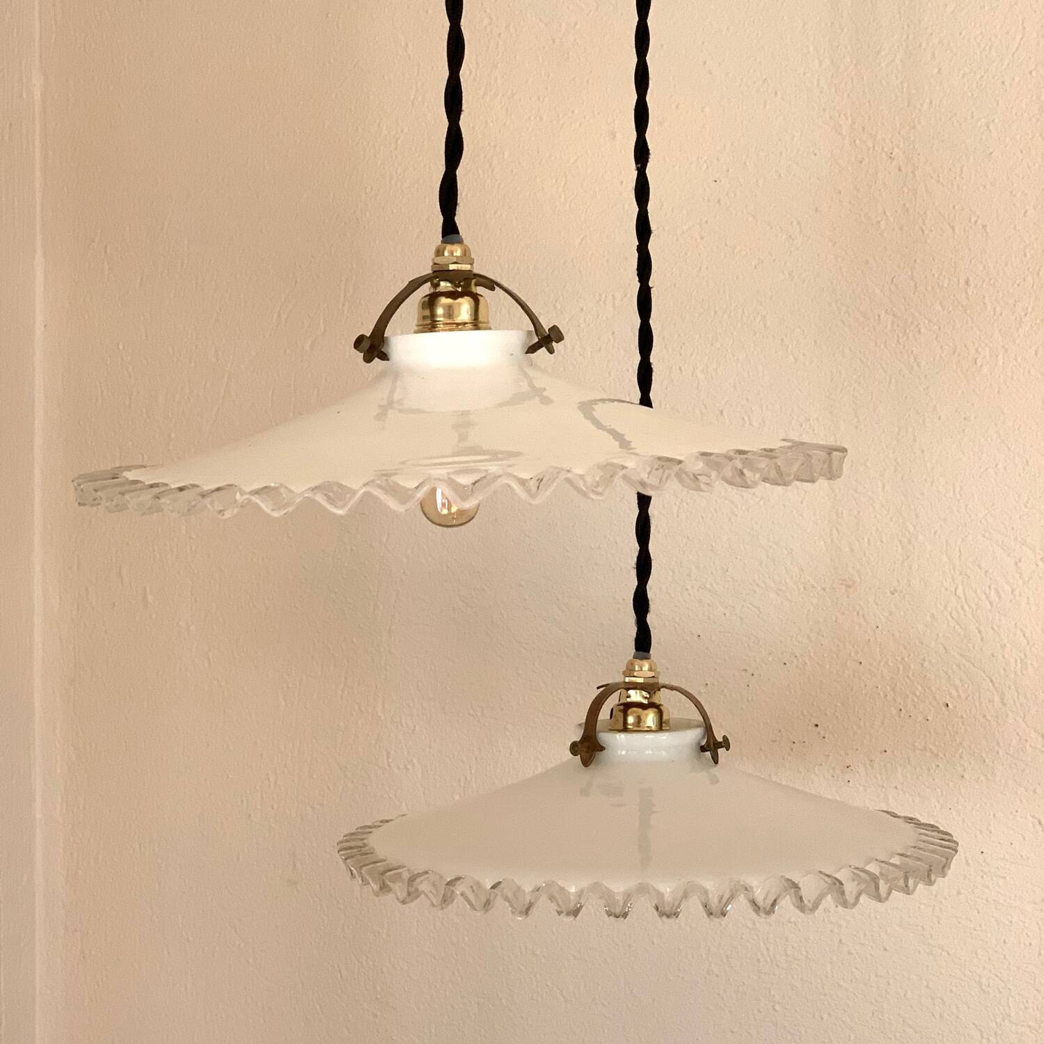 Pair of serrated opaline bistro pendant lights