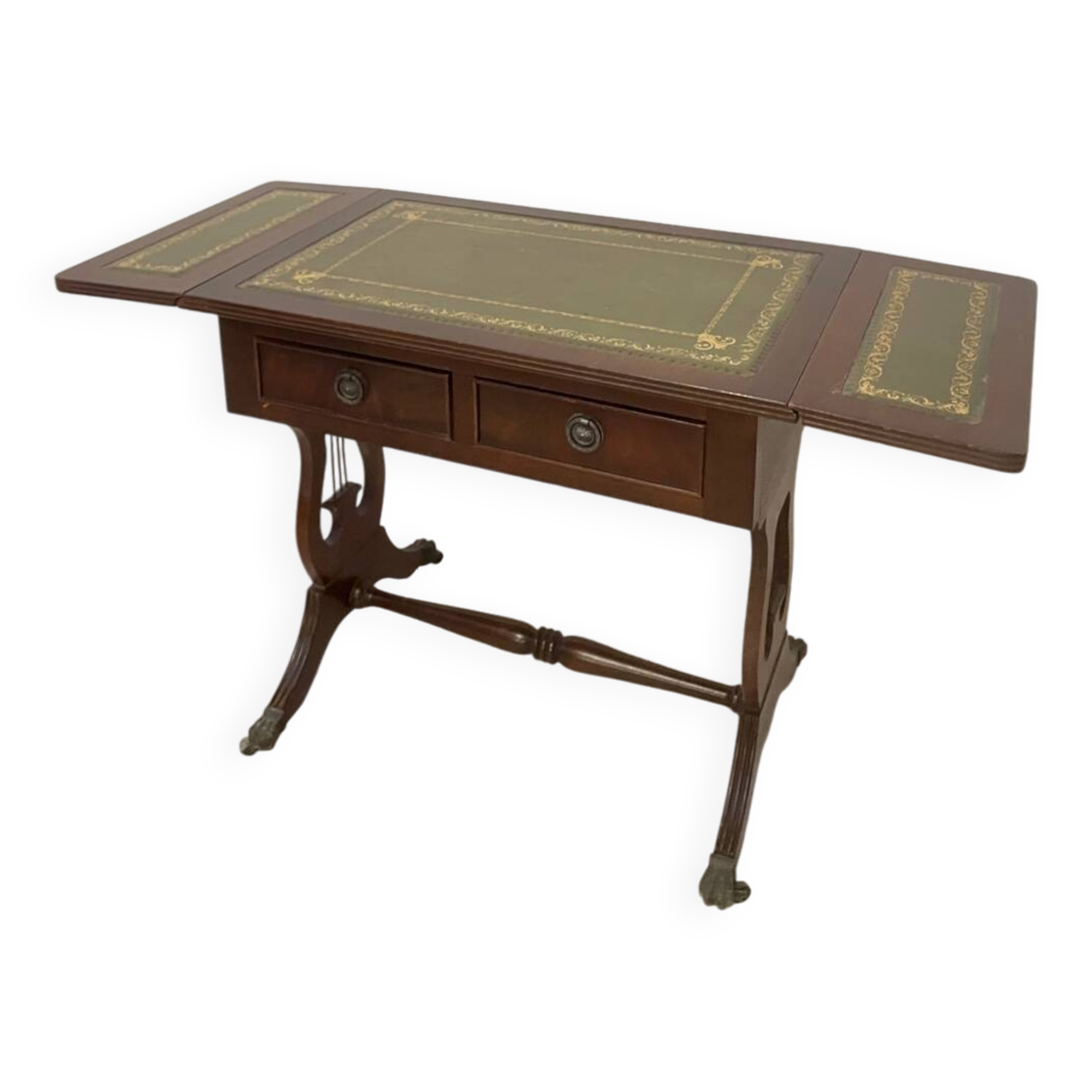 English coffee table with shutters and green leather top