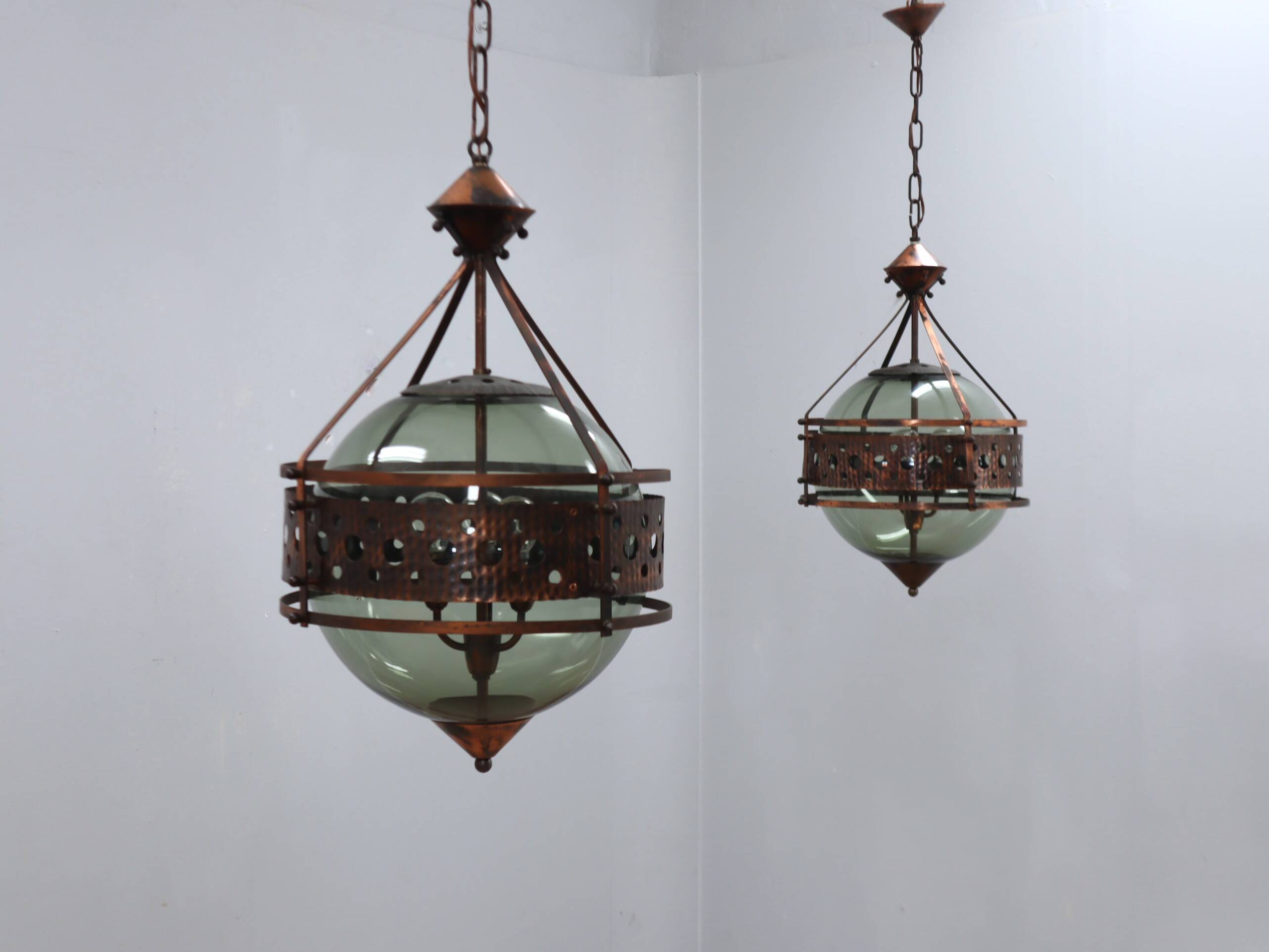 Pair of 1970s Brutalist Copper and Blown Glass Green Bottle Pendant Lamps