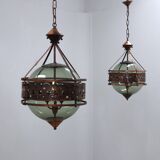 Pair of 1970s Brutalist Copper and Blown Glass Green Bottle Pendant Lamps