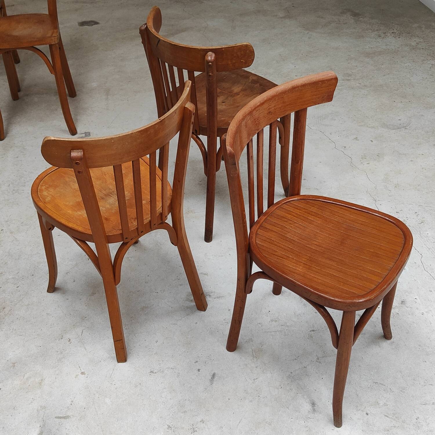 Set of 6 mismatched blond wood bistro chairs