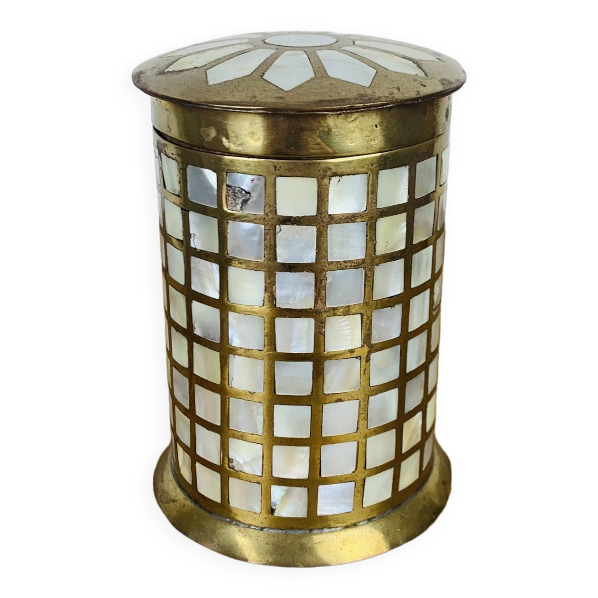 Vintage mother-of-pearl and golden brass box