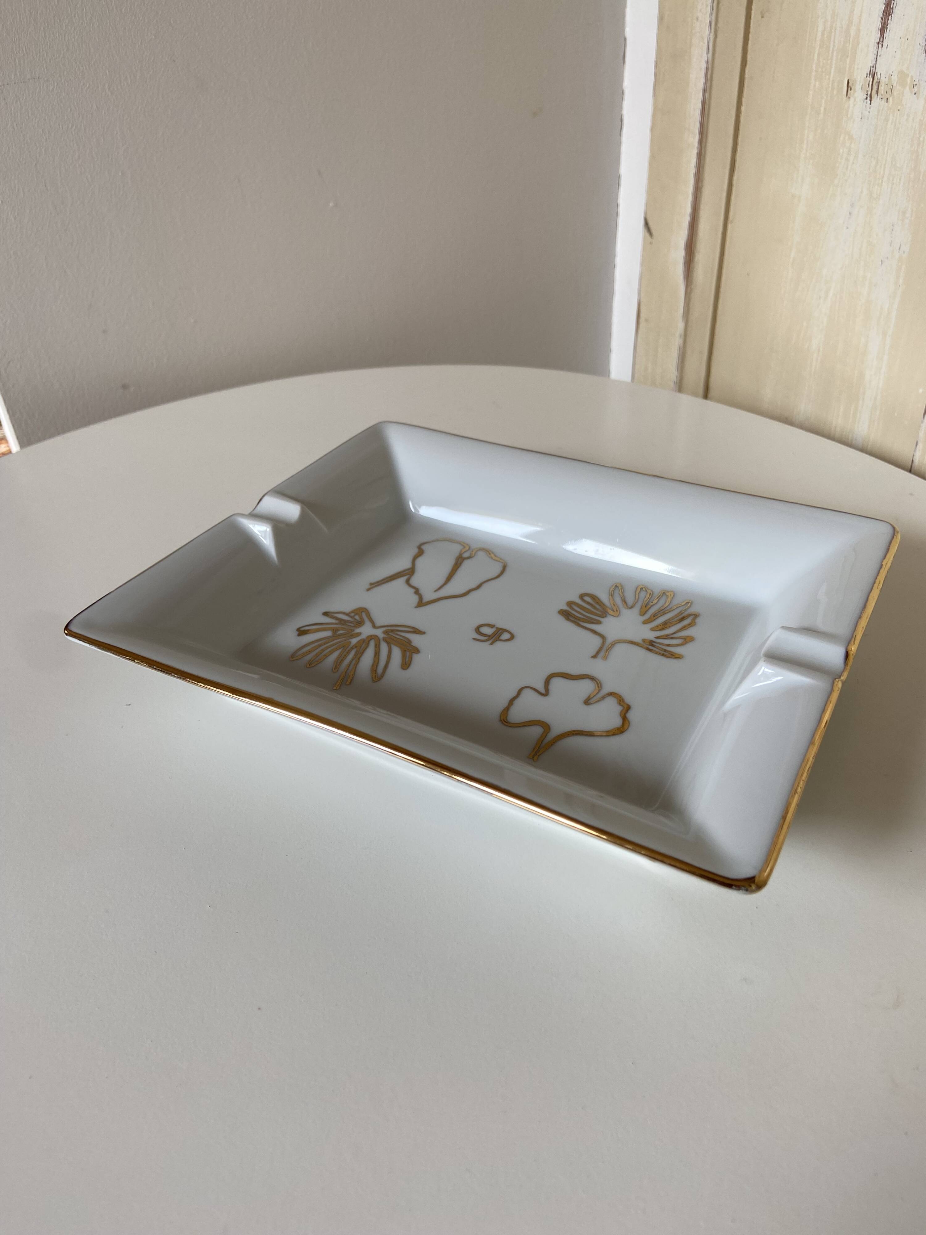 Old rectangular Limoges Porcelain Ashtray: Leaf designs signed GP