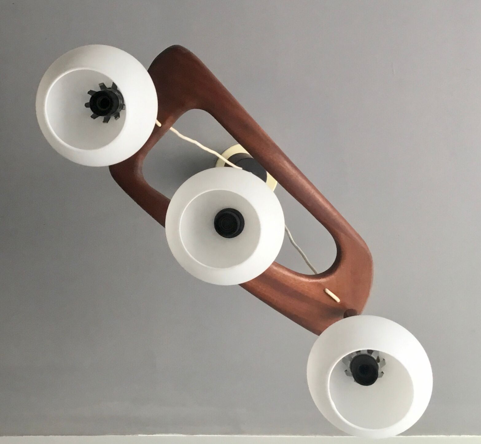 3-lamp suspension Rispal teak and opalines - 1950