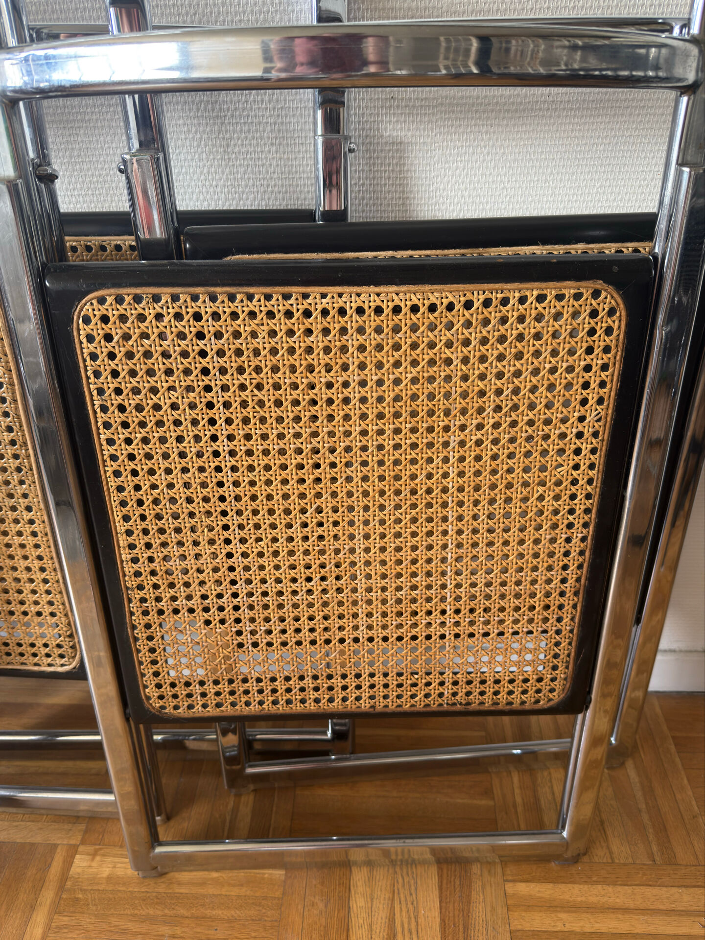 Set of 6 Italian chairs in chrome and cane.