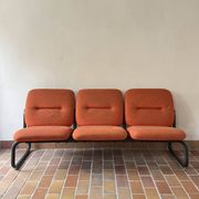 Strafor 3-seater bench, orange wool and sled base, 1970s.