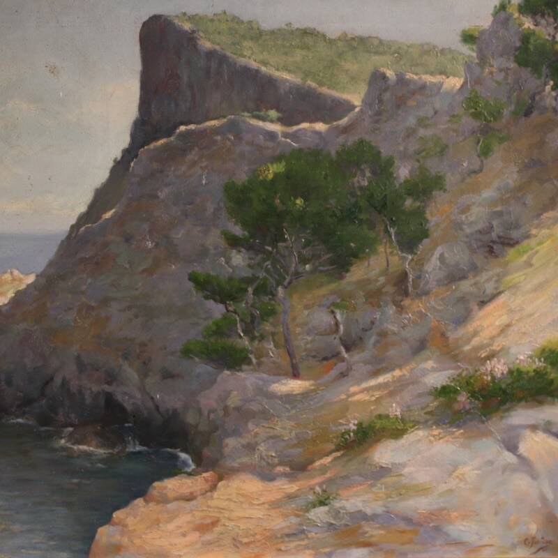 Peinture de paysage signée vue sur la mer, Espagne 20e siècle