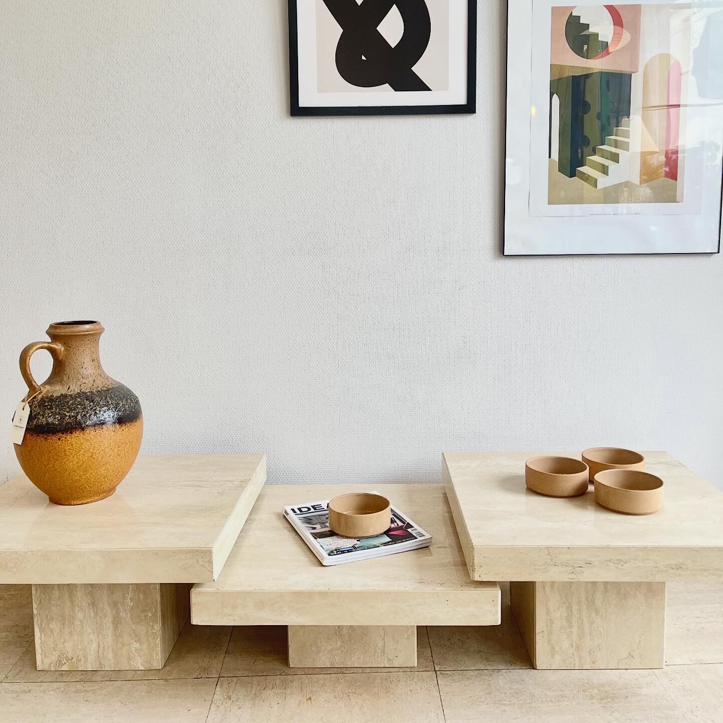 Table basse modulable en travertin – design sculptural années 70