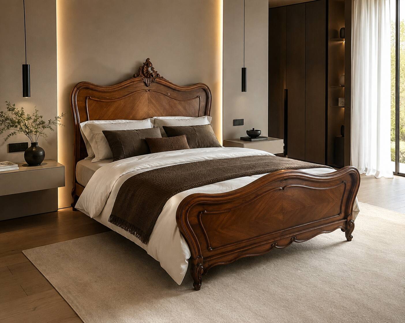 Very beautiful antique double bed in Louis XV style, made of wood and walnut veneer.