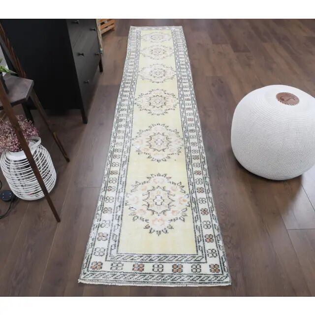 Vintage Turkish Oushak handmade wool cotton yellow runner rug 78x328