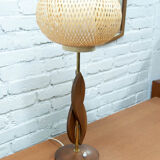 Teak brass and rattan table lamp
