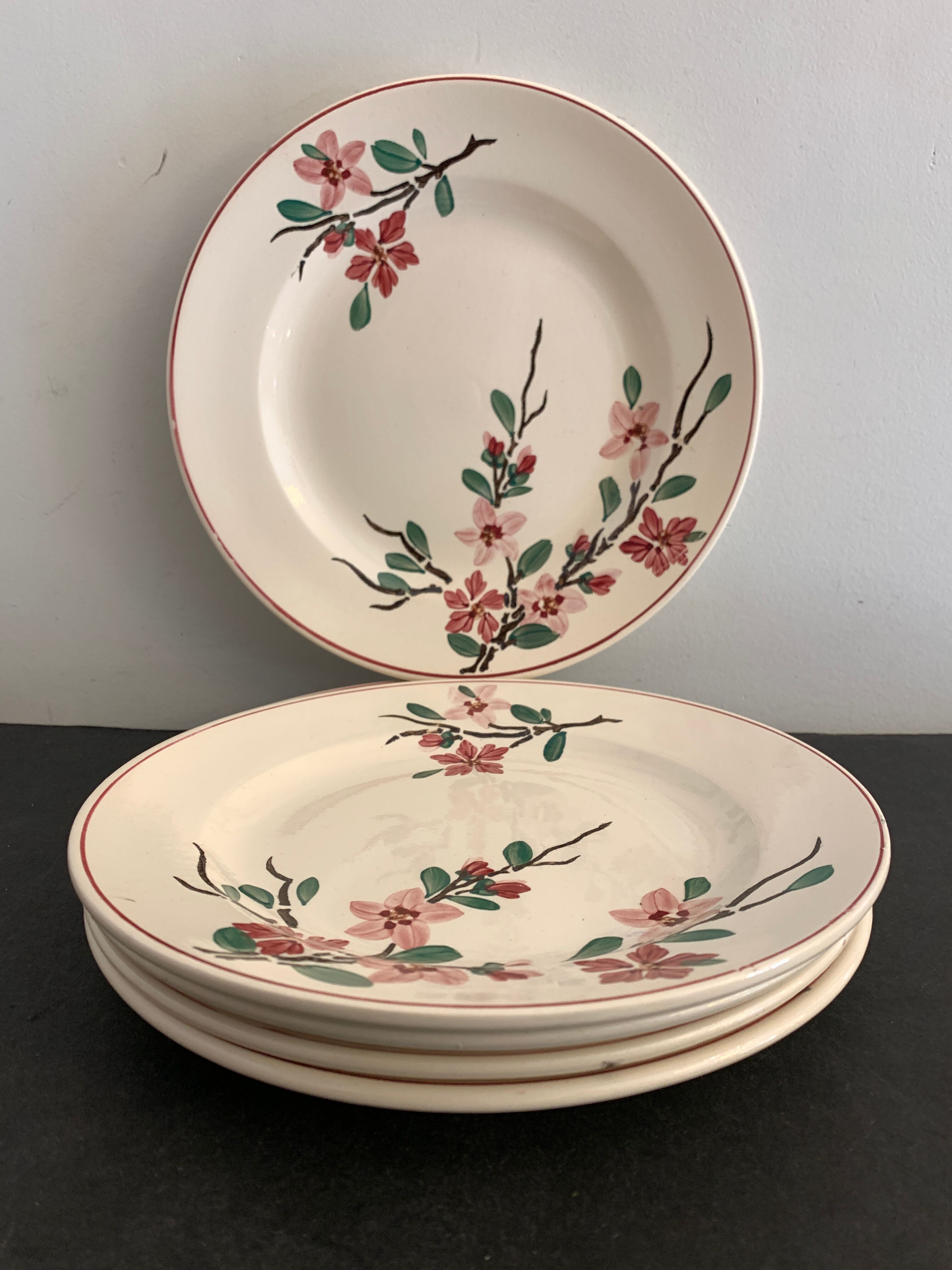 5 assiettes à dessert Digoin Sarreguemines, modèle Aigues Vives, 1940