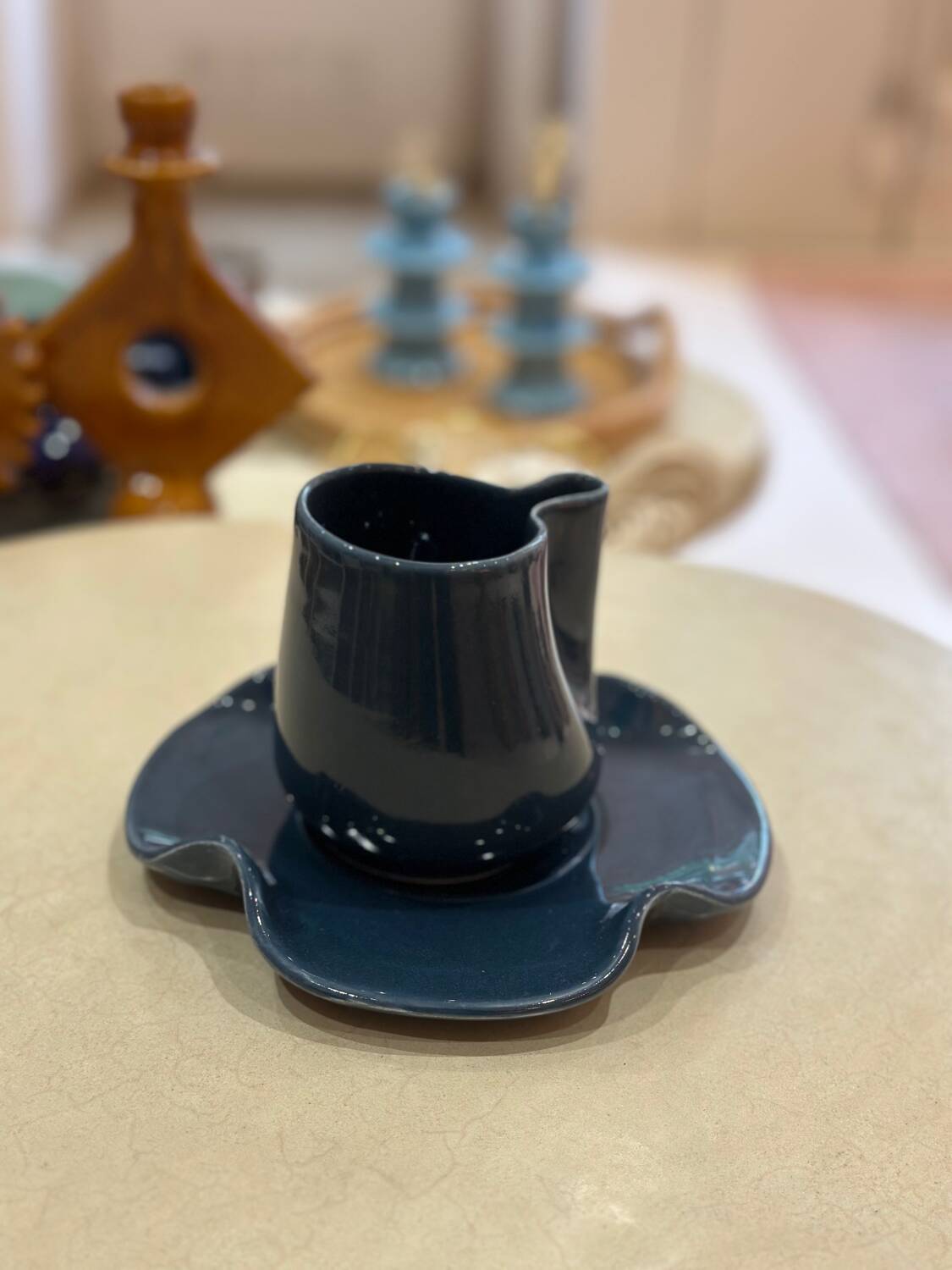 Set of mugs and cups, water lily, handmade ceramic, pop, petrol blue